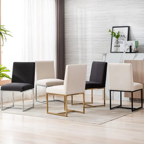 Modern Dining Chairs Set of 4, Linen Fabric with Black Metal Frame - Cream