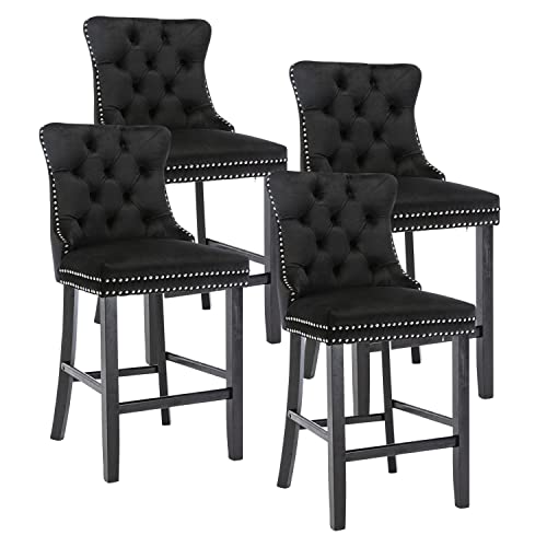 Modern Velvet Bar Stools Set of 4, Decorative Details for Kitchen, Cafe, Pub