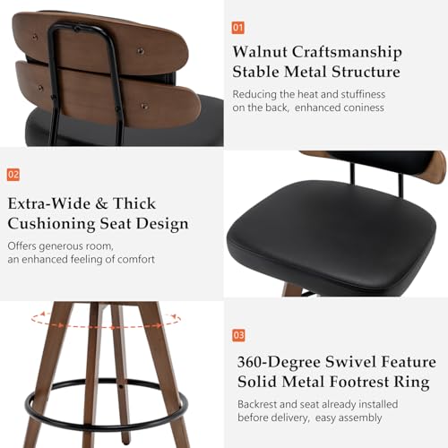2 Modern Walnut Bar Stools - Swivel Counter Stools with Cushion Back and Faux Leather Upholstery