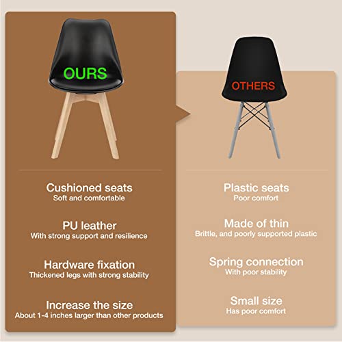 Mid-Century Modern Dining Chairs with Wood Legs and PU Leather Cushion - Set of 4, Black