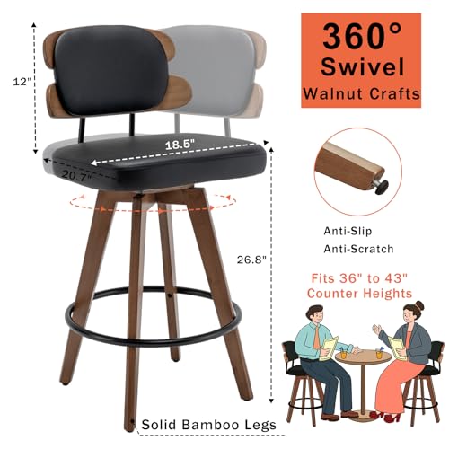 2 Modern Walnut Bar Stools - Swivel Counter Stools with Cushion Back and Faux Leather Upholstery