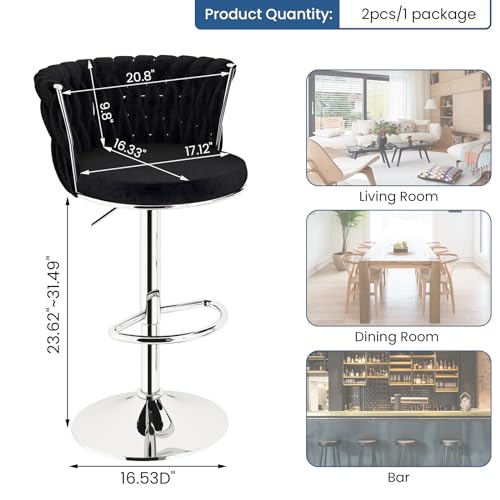 Black Velvet Swivel Bar Stools for Kitchen Island, Set of 2