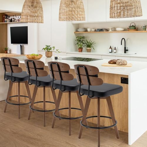 2 Modern Walnut Bar Stools - Swivel Counter Stools with Cushion Back and Faux Leather Upholstery
