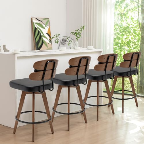 2 Modern Walnut Bar Stools - Swivel Counter Stools with Cushion Back and Faux Leather Upholstery