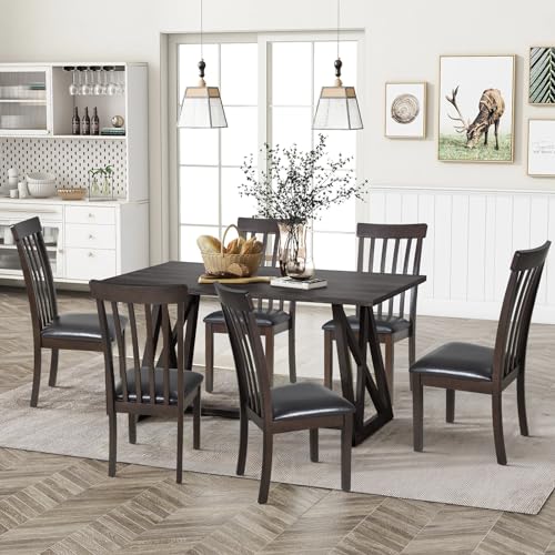 Darkbrown Wooden Dining Chair Set with Leather Seats